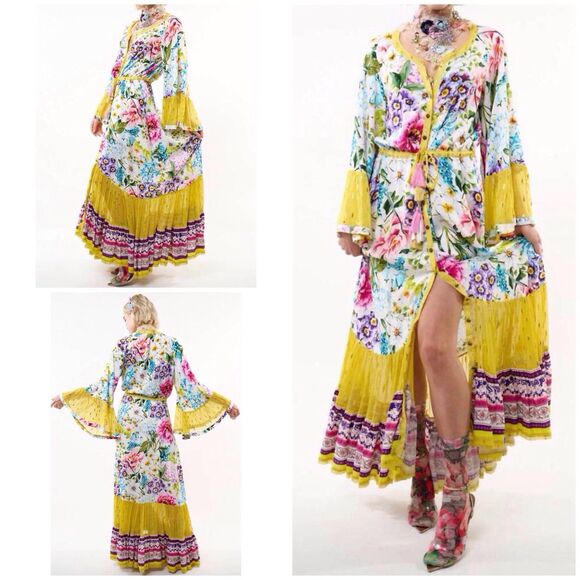 Aratta Silent Journey Ibiza Shirt Dress Medium White Floral Bell Sleeves Boho